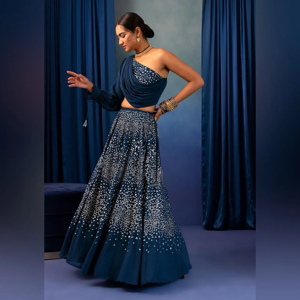 Teal Foil Print Lehenga & One Shoulder Blouse With Attached Drape — Size Medium - Picture 3 of 15